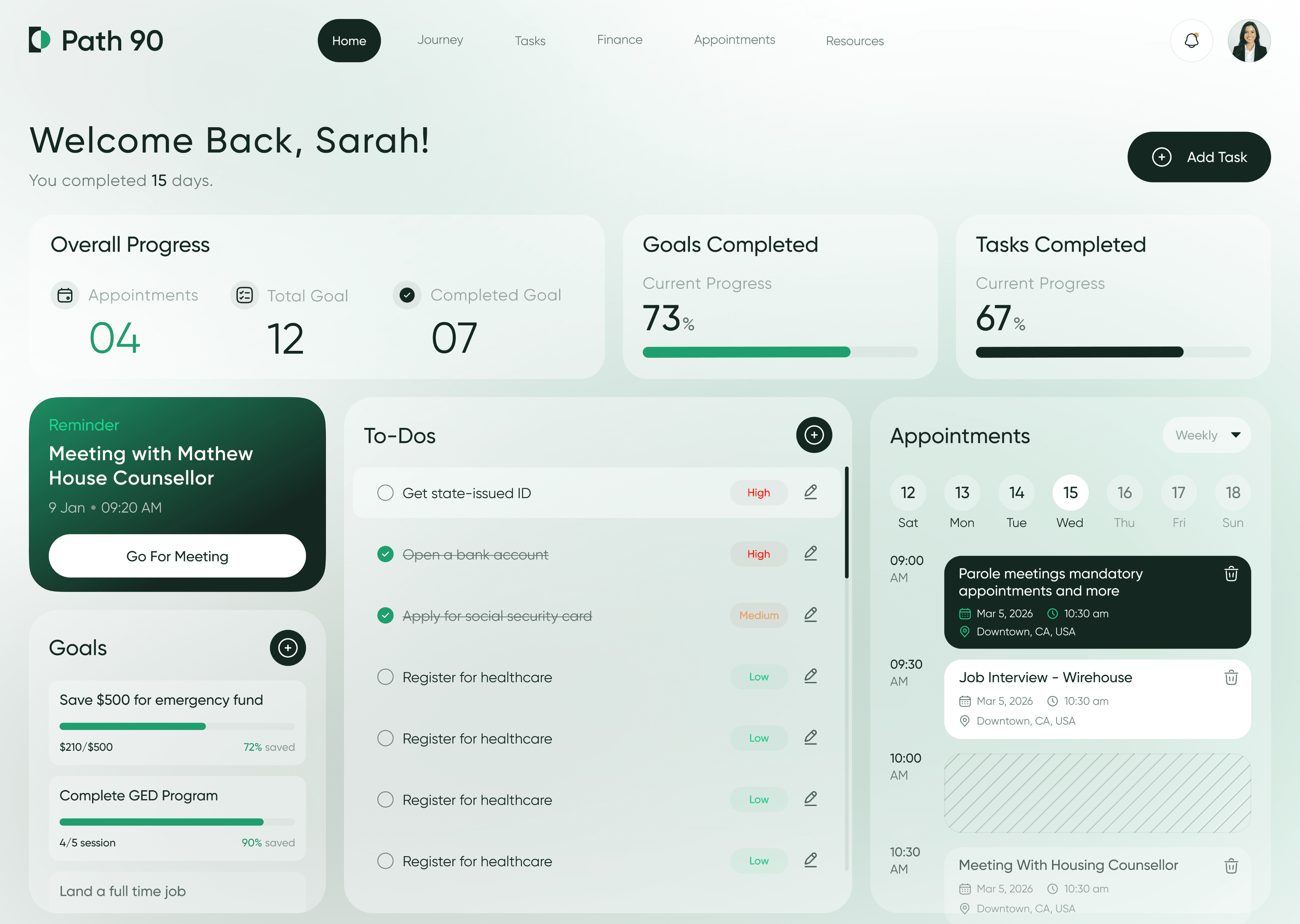 Path 90 dashboard showing progress, to-dos, and appointments